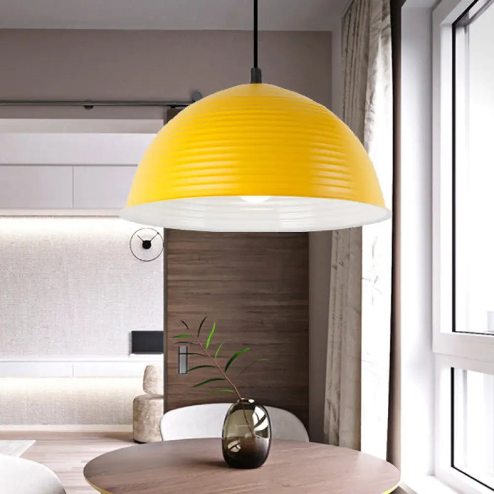 Industrial Grey/Yellow Hanging Lamp With Ribbed Dome Shade - 1 Light 12’/16’ Wide Metal Indoor