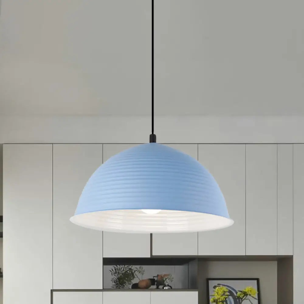 Industrial Grey/Yellow Hanging Lamp With Ribbed Dome Shade - 1 Light 12’/16’ Wide Metal Indoor
