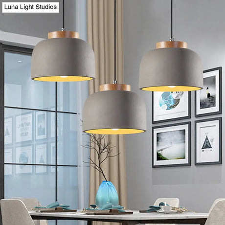 Industrial Hanging Ceiling Pendant Lamp - Grey Cement Bowl With Wood Cap 1 Light