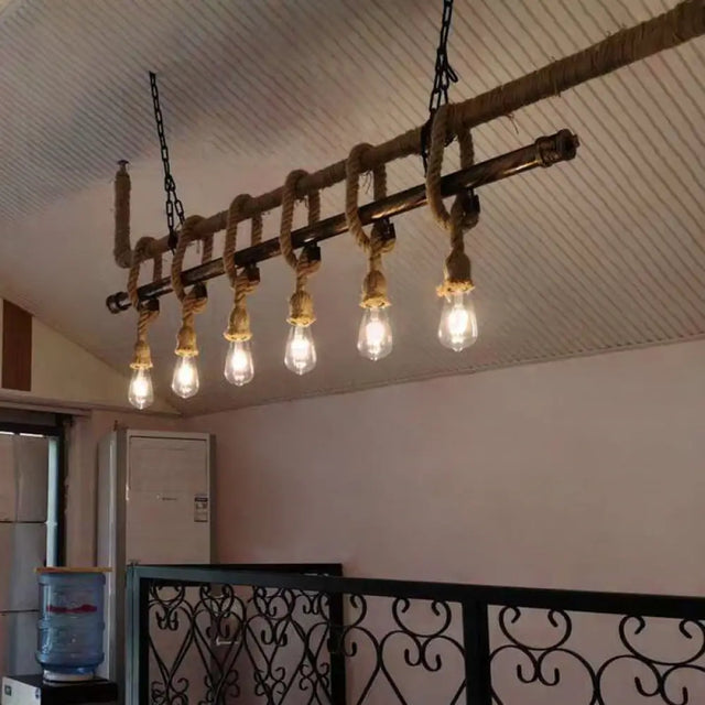 Industrial Hemp Rope Bronze Linear Bar Suspension Light Fixture 6 /