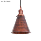 Industrial Horn Shaped Pendant Light In Rust/Copper/Brass - 1-Light Bedside Fixture