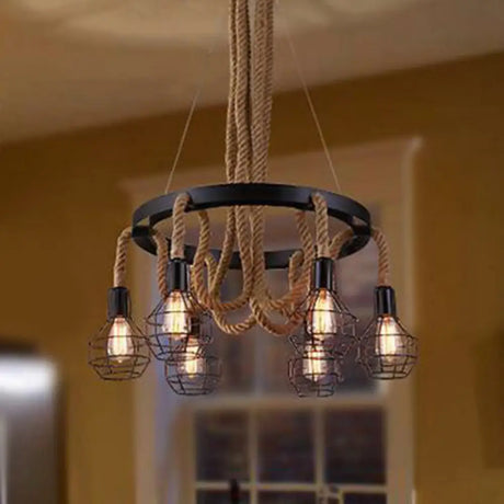 Industrial Iron Cage Chandelier With Hemp Rope - Black 6-Light Pendant Light For Dining Room