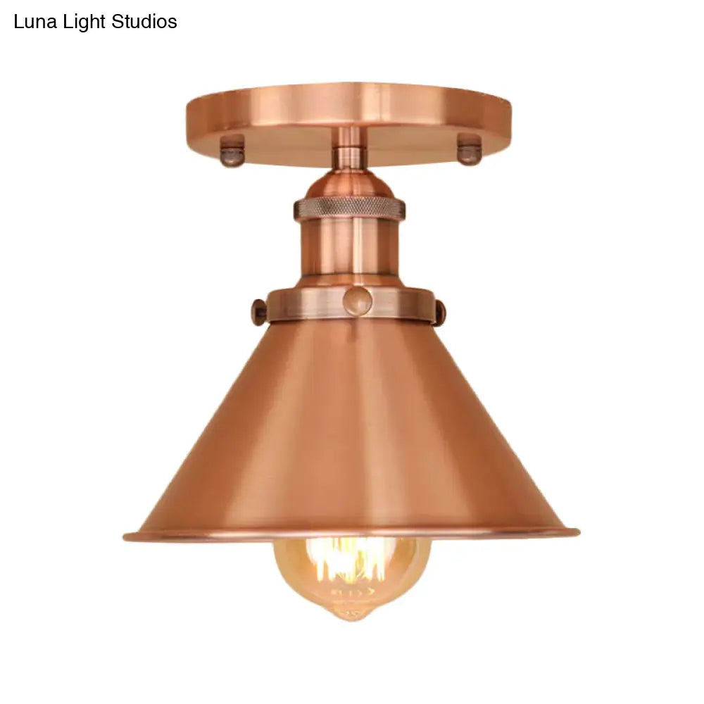 Industrial Iron Cone Shade 1 - Light Ceiling Lamp: Rust/Black/Copper Semi Mount Lighting