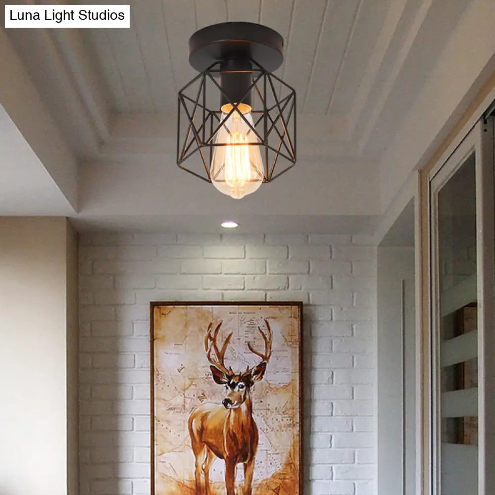 Industrial Iron Hexagonal Balcony Ceiling Light - Semi Flush Mount Fixture With 1 - Bulb