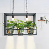Industrial Iron Island Lamp With 3 Pendant Lights And Glass Plant Pot Black