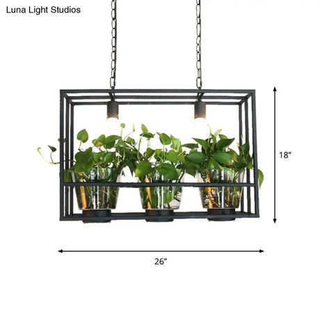 Industrial Iron Island Lamp With 3 Pendant Lights And Glass Plant Pot