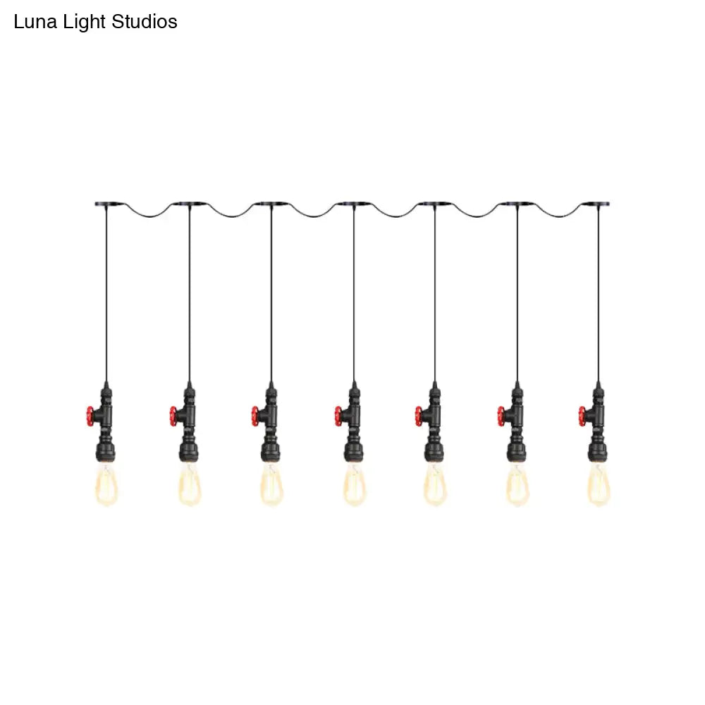 Industrial Iron Multi Pendant Light With Black Finish - 5/7 Bulbs Tandem Hanging Lamp