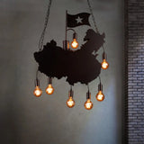 Industrial Island Pendant Lamp - Iron Panel Black Hanging Light Kit 7 Bulbs Map And Flag Shape