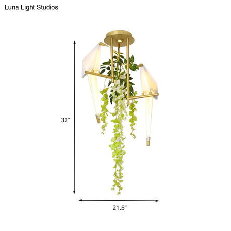 Industrial Led Geometric Ceiling Light Fixture In Gold With Metal Plant Design - Perfect For