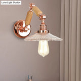 Industrial Living Room Sconce With Clear Prismatic Glass Shade And Curved Arm