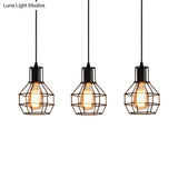 Industrial Matte Black Caged Pendant Light With Globe Shade - 3 Heads Metallic Finish For Dining