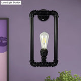 Industrial Metal 1-Light Bedroom Sconce Lamp In Matte Black Rectangle Design With Pipe Detailing