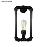 Industrial Metal 1-Light Bedroom Sconce Lamp In Matte Black Rectangle Design With Pipe Detailing