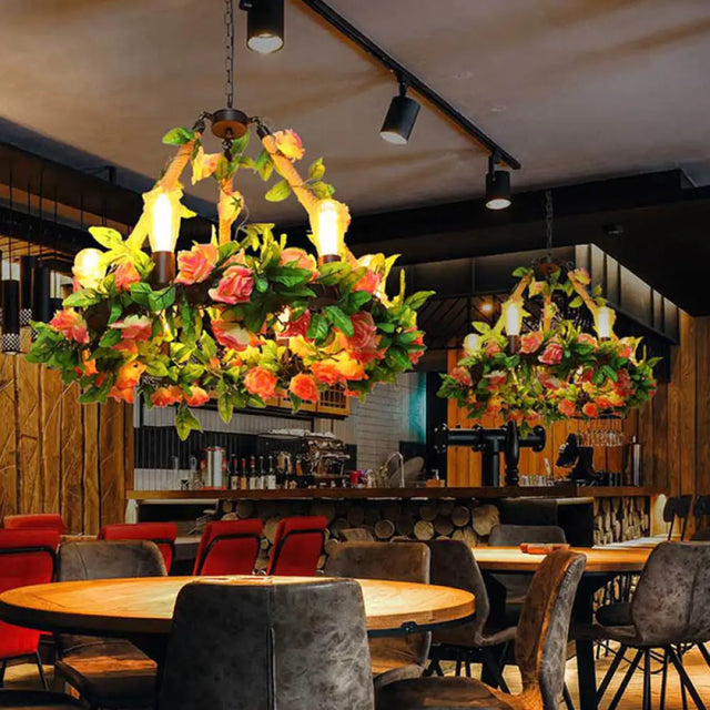 Industrial Metal Black Chandelier With 6 Bare Bulb Lights And Flower Decor - Led Pendant Lighting