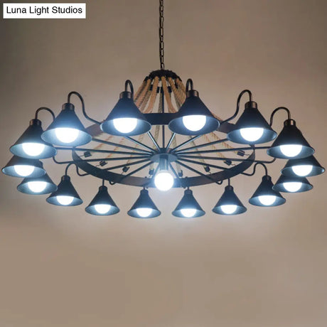 Industrial Metal Black Chandelier With Cone & Rope Design And Wagon Wheel Suspension