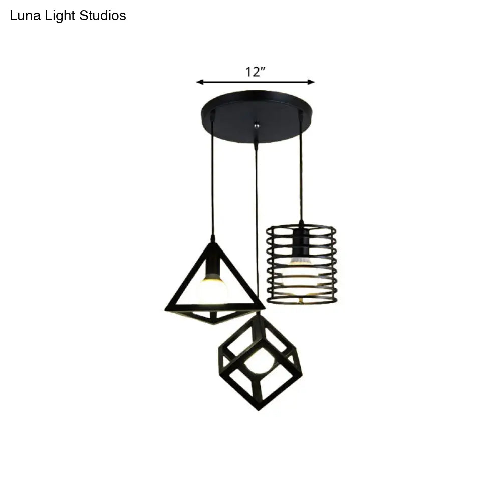 Industrial Metal Black Pendant Lamp With Wire Cage 3 Bulbs And Stylish Hanging Lighting For