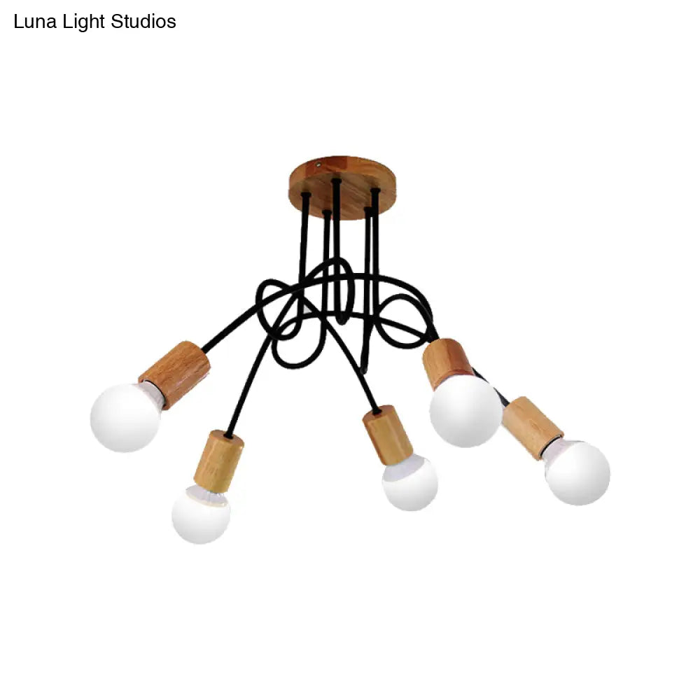 Industrial Metal Ceiling Flush Mount With Bulb 3/5 Lights Wooden Cap