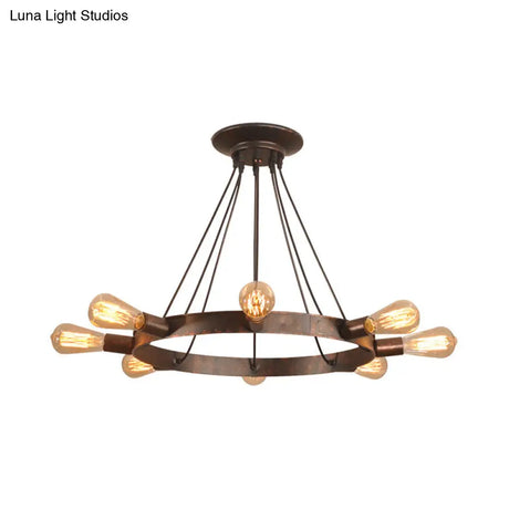 Industrial Metal Circle Design 8-Bulb Chandelier Pendant Light With Exposed Bulbs Brown