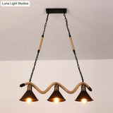 Industrial Metal Cone Island Pendant Light - Matte Black Finish With Twisted Rope Detailing