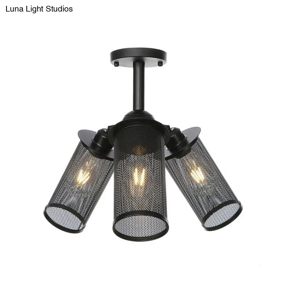 Industrial Metal Cylinder/Lantern Ceiling Light Fixture - 3 Heads Black