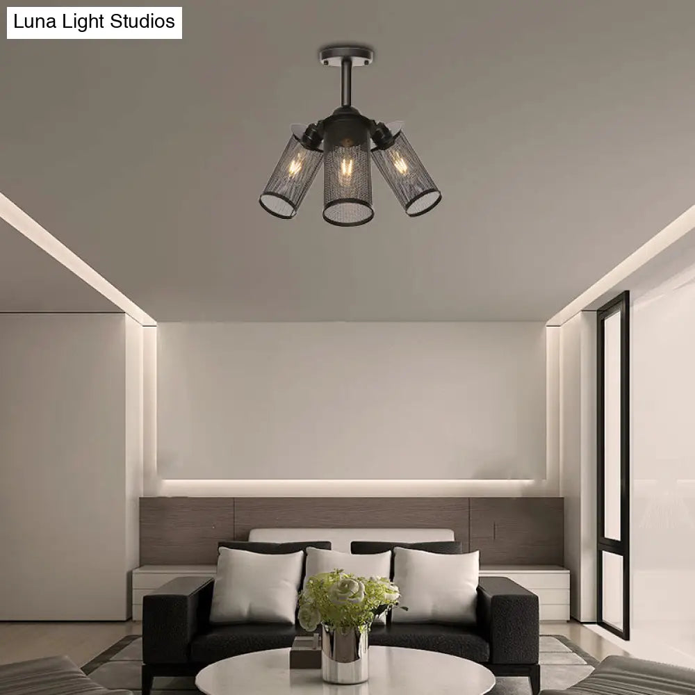 Industrial Metal Cylinder/Lantern Ceiling Light Fixture - 3 Heads Black