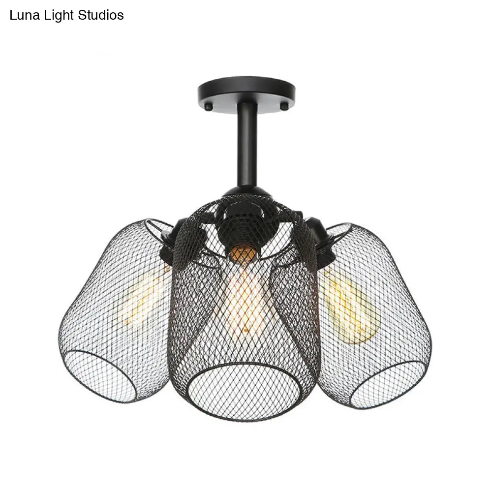 Industrial Metal Cylinder/Lantern Ceiling Light Fixture - 3 Heads Black