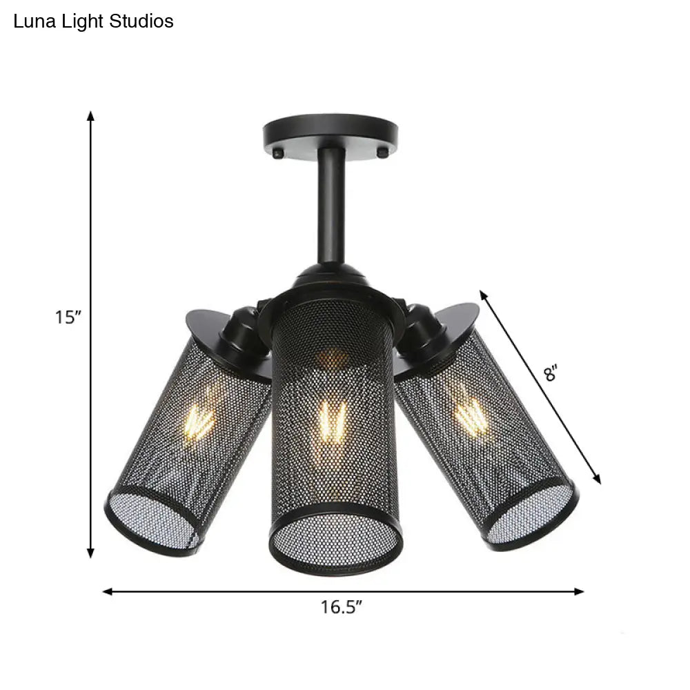 Industrial Metal Cylinder/Lantern Ceiling Light Fixture - 3 Heads Black