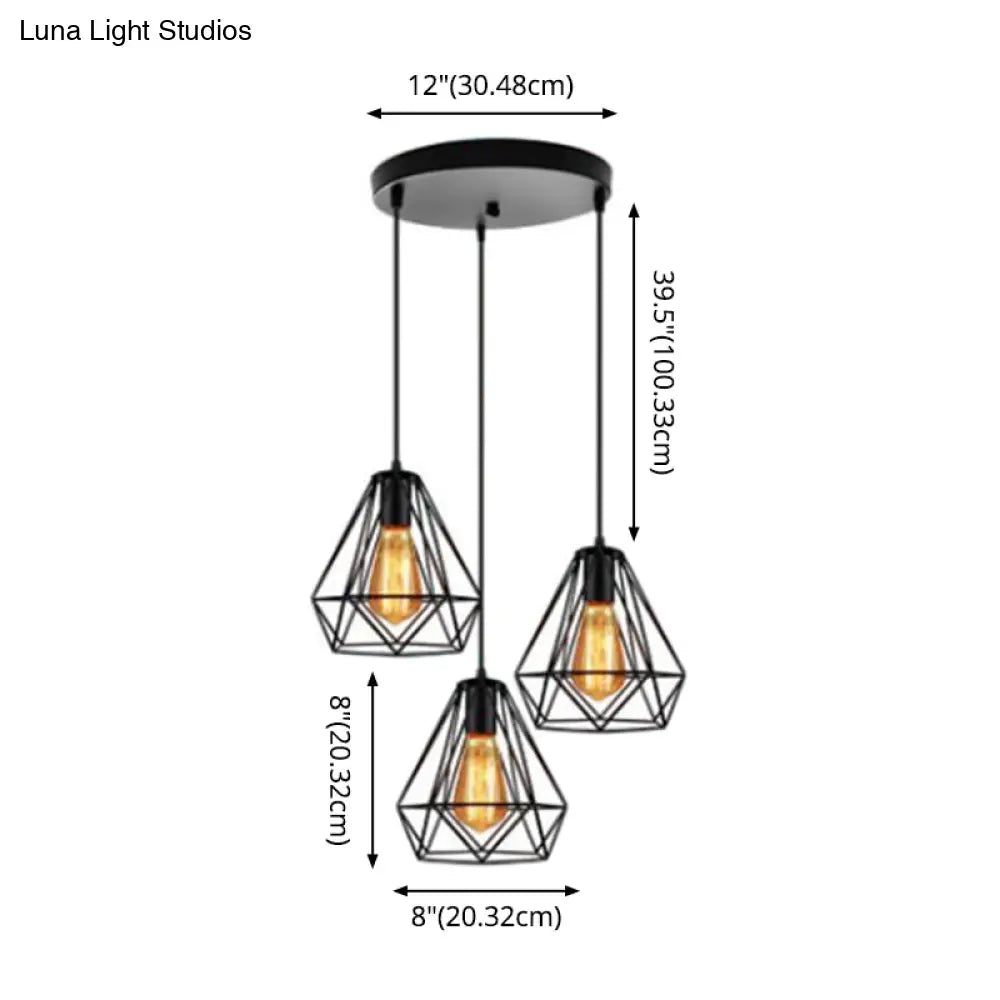 Industrial Metal Diamond Cage Pendant Light - 3 Lights Ideal For Restaurants