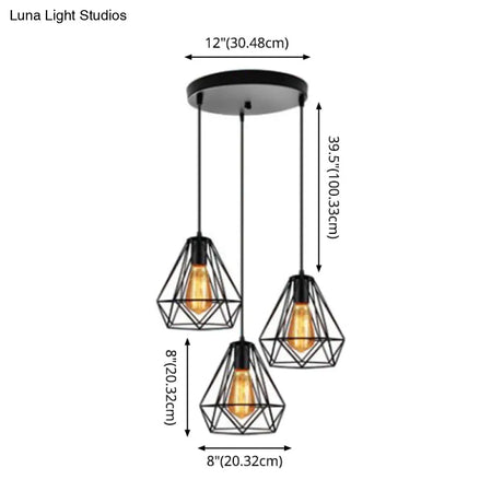 Industrial Metal Diamond Cage Pendant Light - 3 Lights Ideal For Restaurants