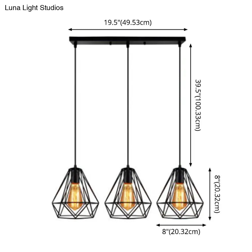 Industrial Metal Diamond Cage Pendant Light - 3 Lights Ideal For Restaurants