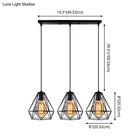 Industrial Metal Diamond Cage Pendant Light - 3 Lights Ideal For Restaurants