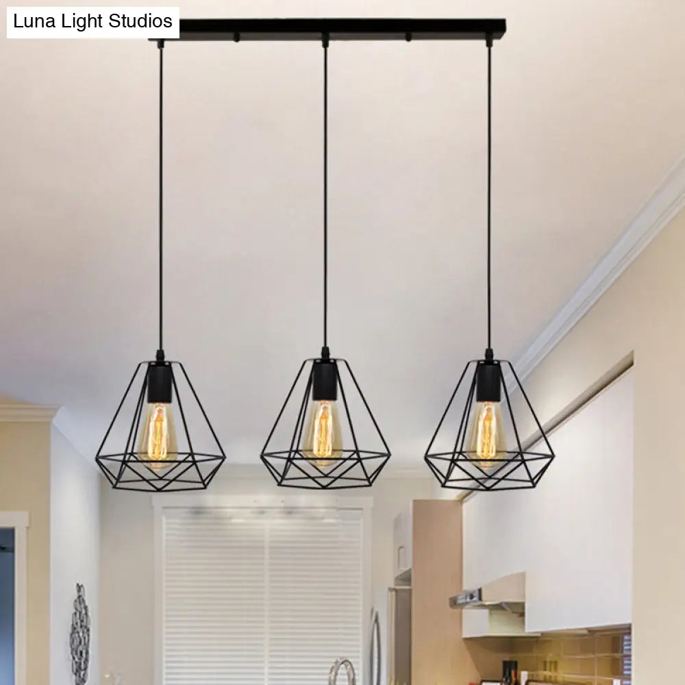 Industrial Metal Diamond Cage Pendant Light - 3 Lights Ideal For Restaurants
