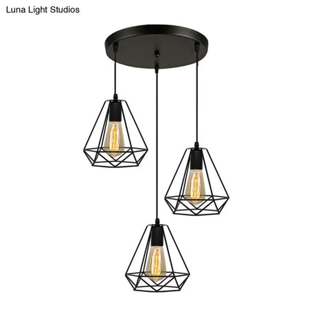 Industrial Metal Diamond Cage Pendant Light - 3 Lights Ideal For Restaurants
