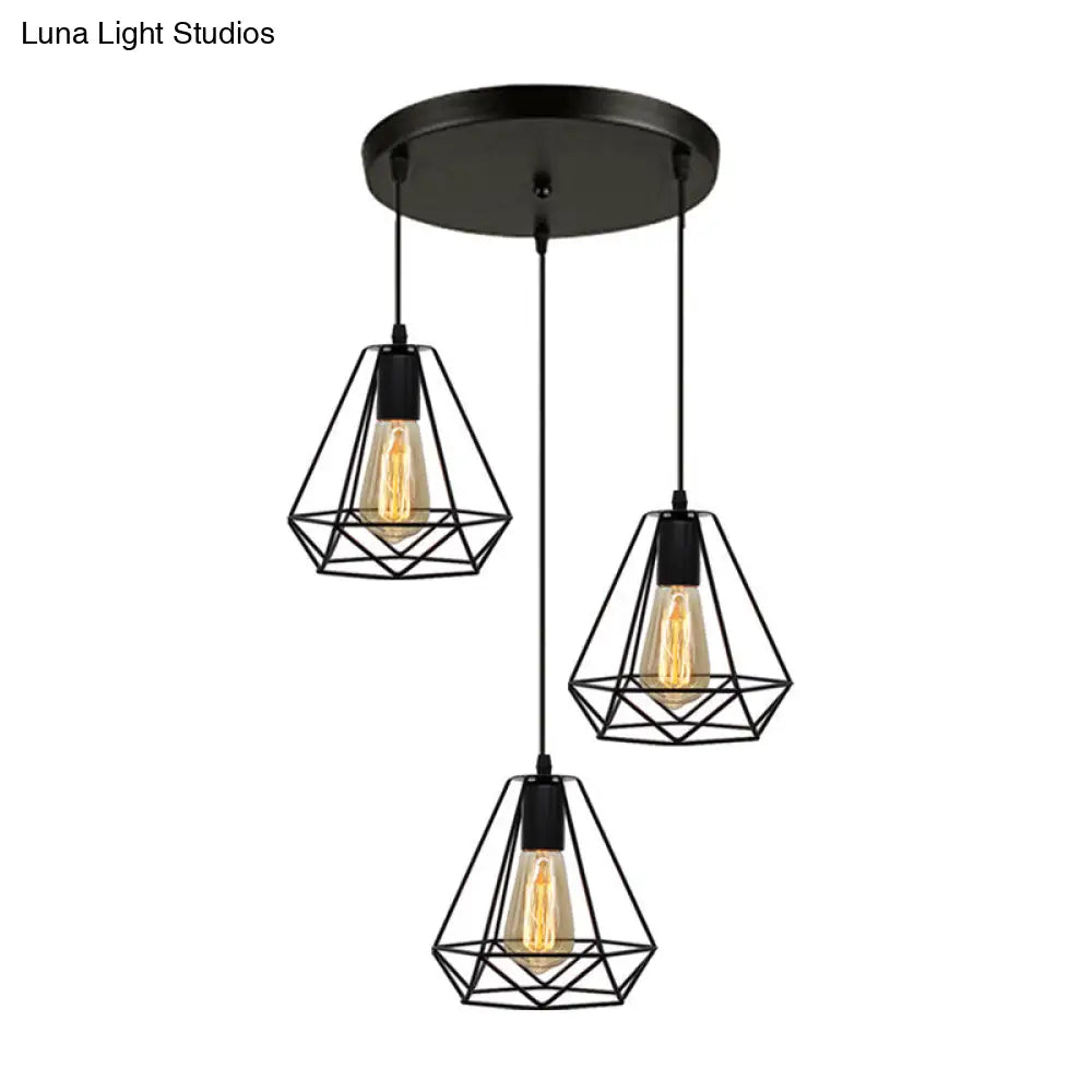 Industrial Metal Diamond Cage Pendant Light - Set Of 3 Multi Hanging Lights For Restaurants