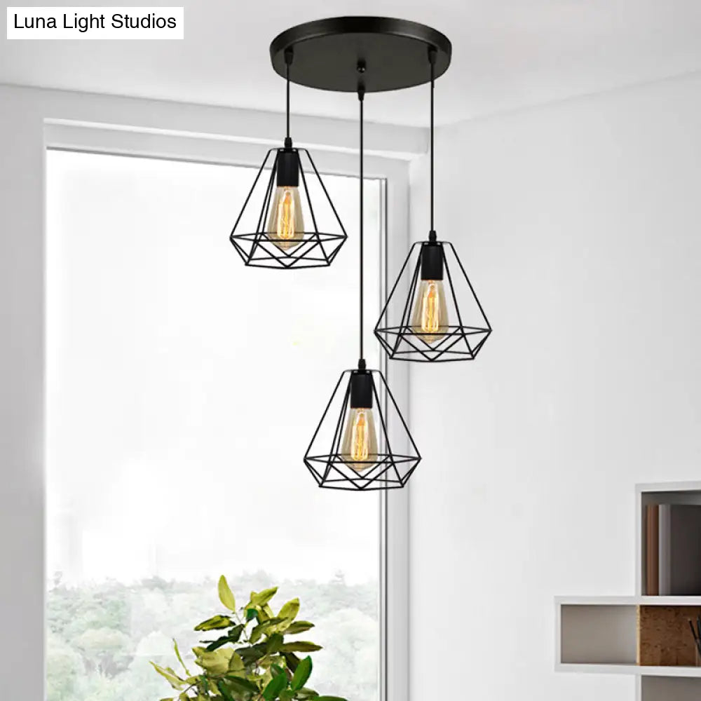 Industrial Metal Diamond Cage Pendant Light - Set Of 3 Multi Hanging Lights For Restaurants