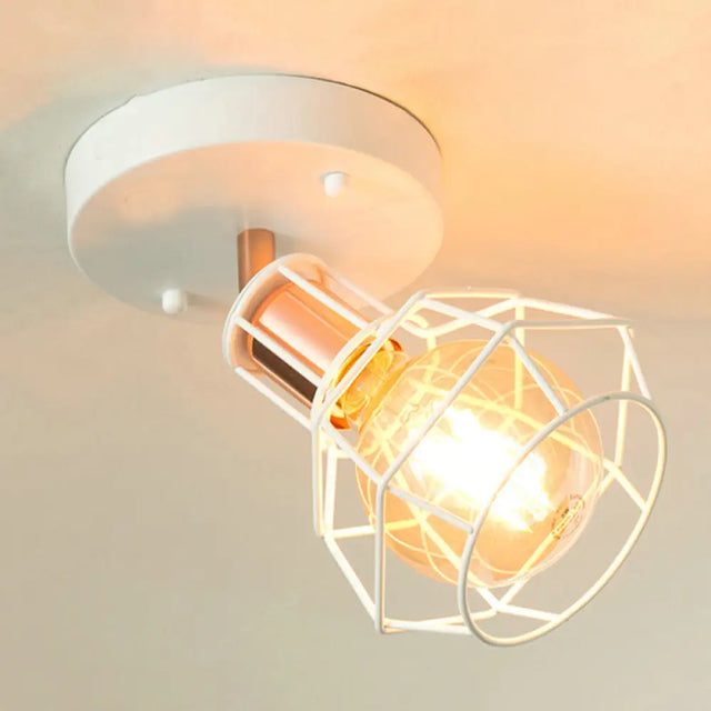 Industrial Metal Dome Ceiling Light With Wire Cage Shade - Black/White White