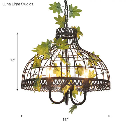 Industrial Metal Dome Pendant Light With 3 Heads And Flower Decoration - Black