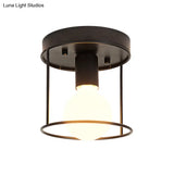 Industrial Metal Flushmount Light With Cage - Cylinder Corridor Design