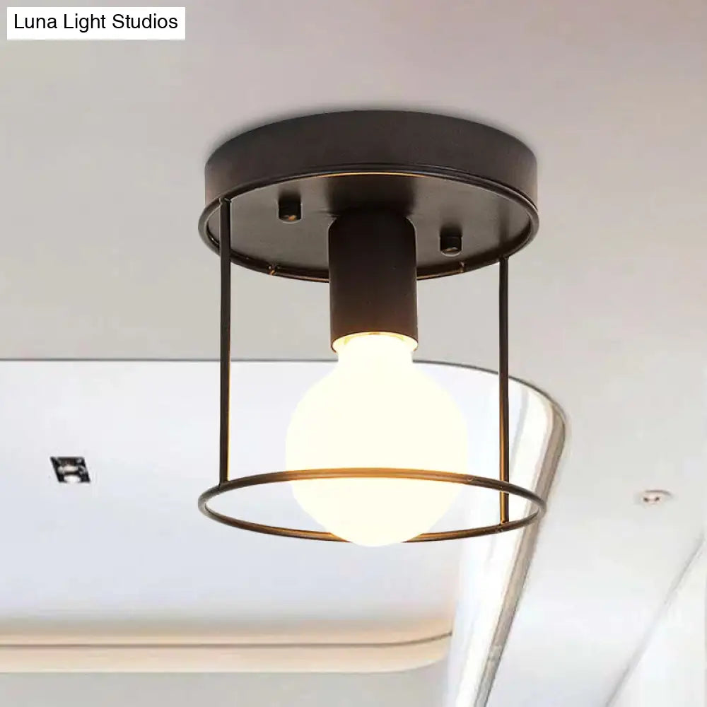 Industrial Metal Flushmount Light With Cage - Cylinder Corridor Design