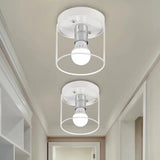 Industrial Metal Flushmount Light With Cage - Cylinder Corridor Design White