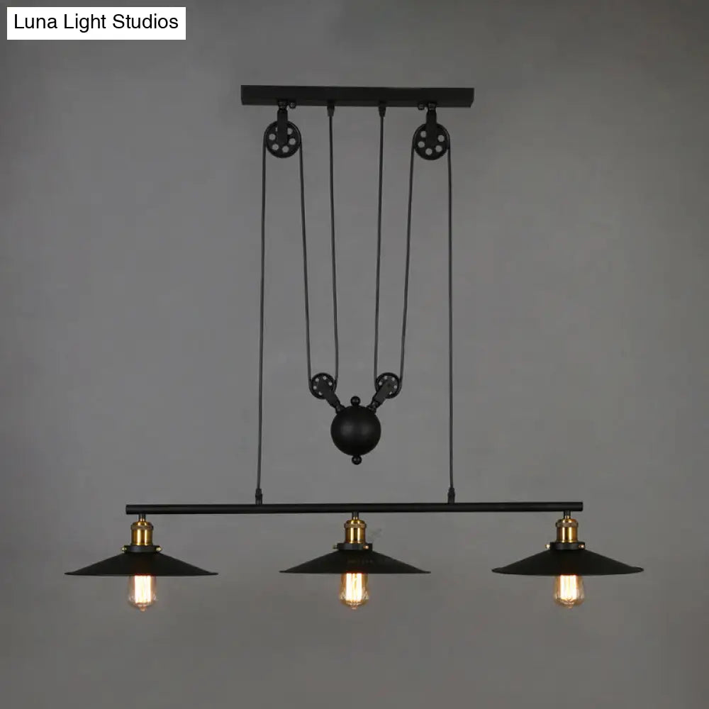 Industrial Metal Flying Saucer Hanging Ceiling Light - Black 3-Head Pulley Pendant For Bars