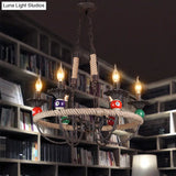 Industrial Metal Hanging Lamp: Roped Ring Bar 3/6 Lights Rust Chandelier With Billiard Ball
