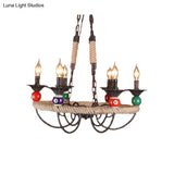 Industrial Metal Hanging Lamp: Roped Ring Bar 3/6 Lights Rust Chandelier With Billiard Ball