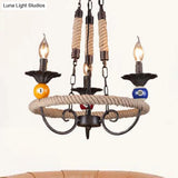 Industrial Metal Hanging Lamp: Roped Ring Bar 3/6 Lights Rust Chandelier With Billiard Ball