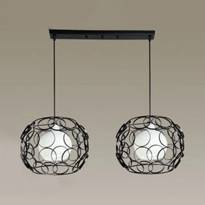 Industrial Metal Hanging Lamp With Circles Design - 2 Bulbs Inner Glass Shade Wire Frame