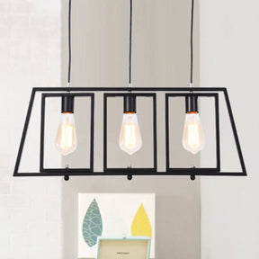 Industrial Metal Hanging Pendant Light Fixture - Trapezoid Frame 3-Light Black Rectangle Shade For