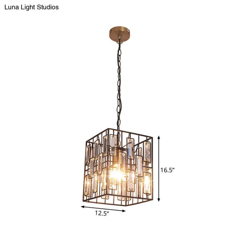 Industrial Metal Pendant Light With Black Cubic Cage & Crystal Accent - Ideal For Restaurants
