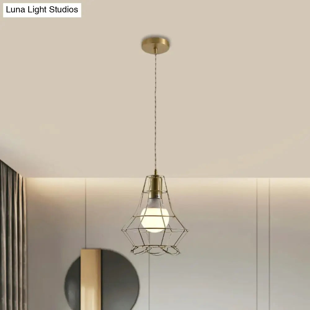 Industrial Metal Pendant Lighting With Gold Finish And Wire Frame For Dining Room - 1 Head
