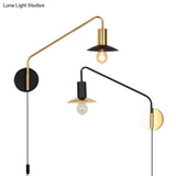 Industrial Metal Swing Arm Sconce Lamp With Saucer Lampshade - Single Living Room Reading Light