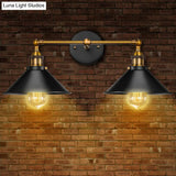 Industrial Metal Vanity Wall Light With Conical Shade - Retro Style 2-Light